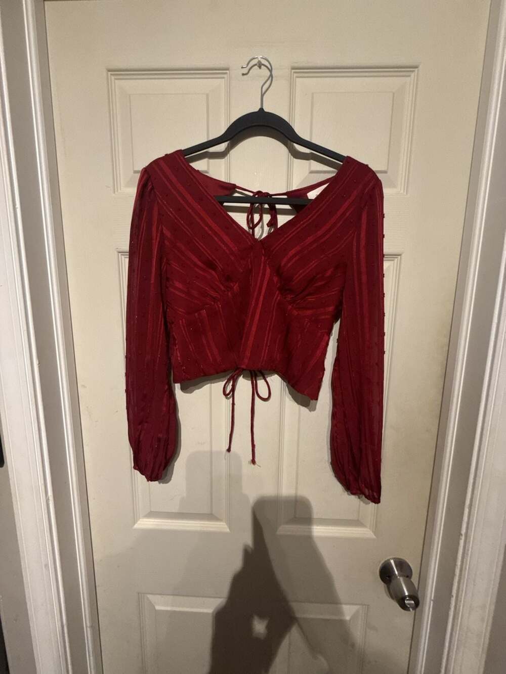 Urban Romantics Crop Blouse Size S Red Long Sleeve Swiss Dot